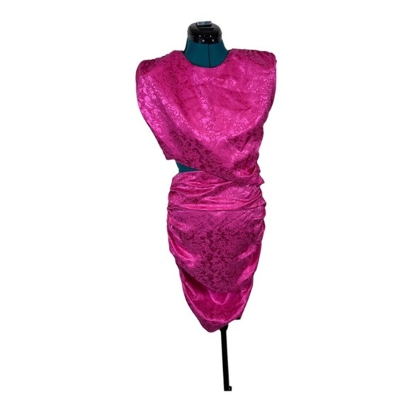 RONNY KOBO Kyle Asymmetric Cutout Dress Hot Pink Paisley Ruched Mini - Picture 7 of 8